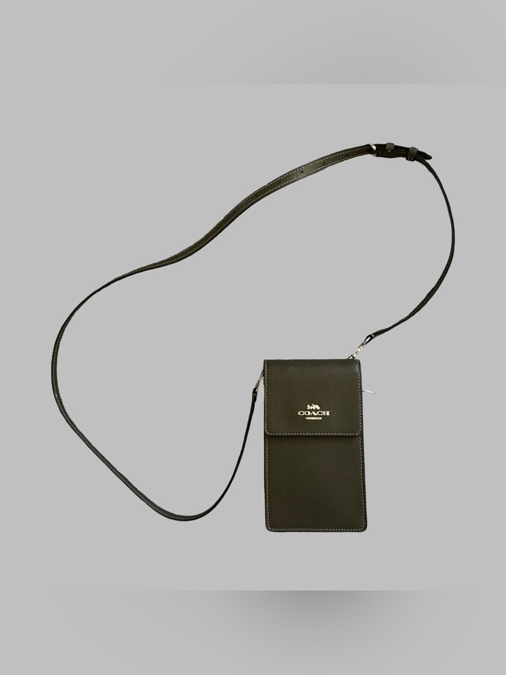 COACH North South Olive Green Phone Crossbody Phone Wallet with Silver Logo